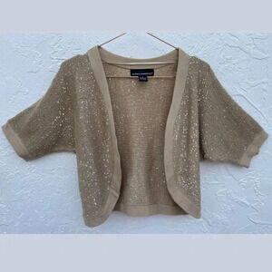 Isabella Rodriguez Short Sleeves Sequin Detailed Crochet Sweater Beige Sz Large